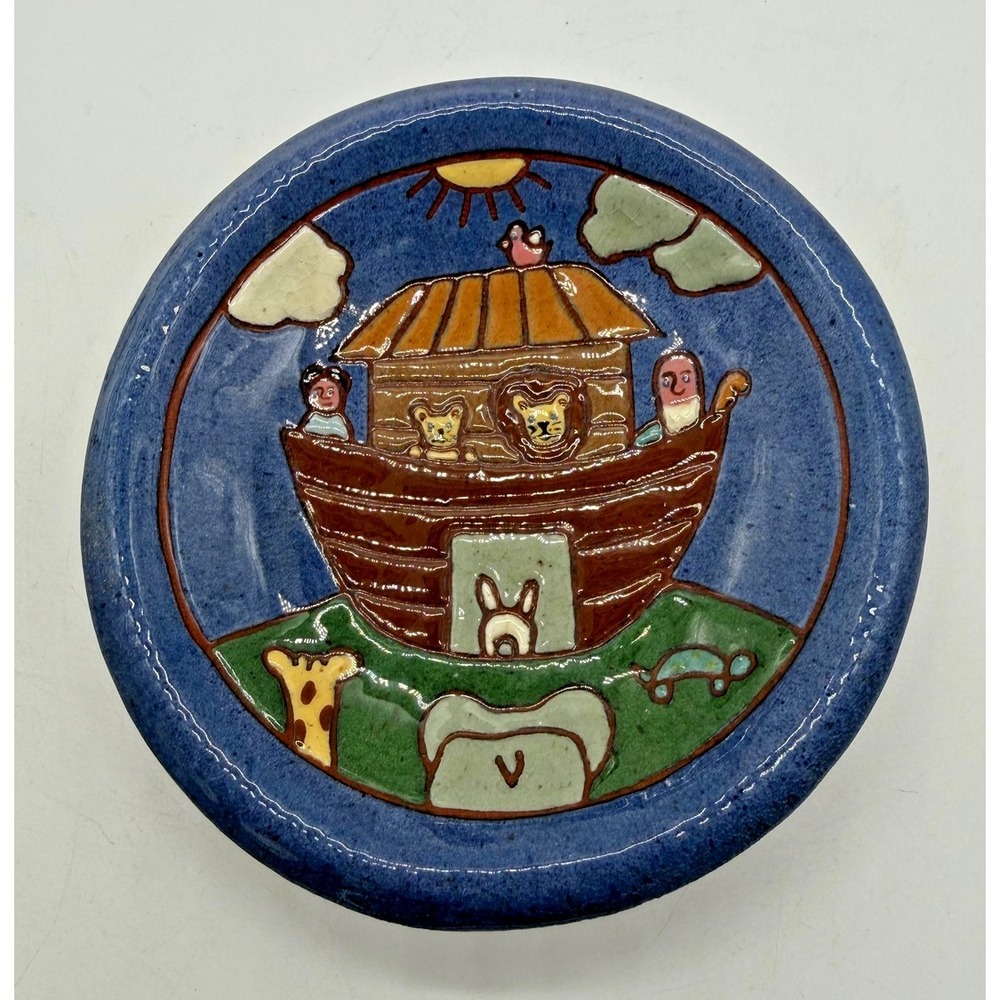 Vintage Earthen Vessel Pottery Noah's Ark Collector Plate Blue Terracotta Signed
